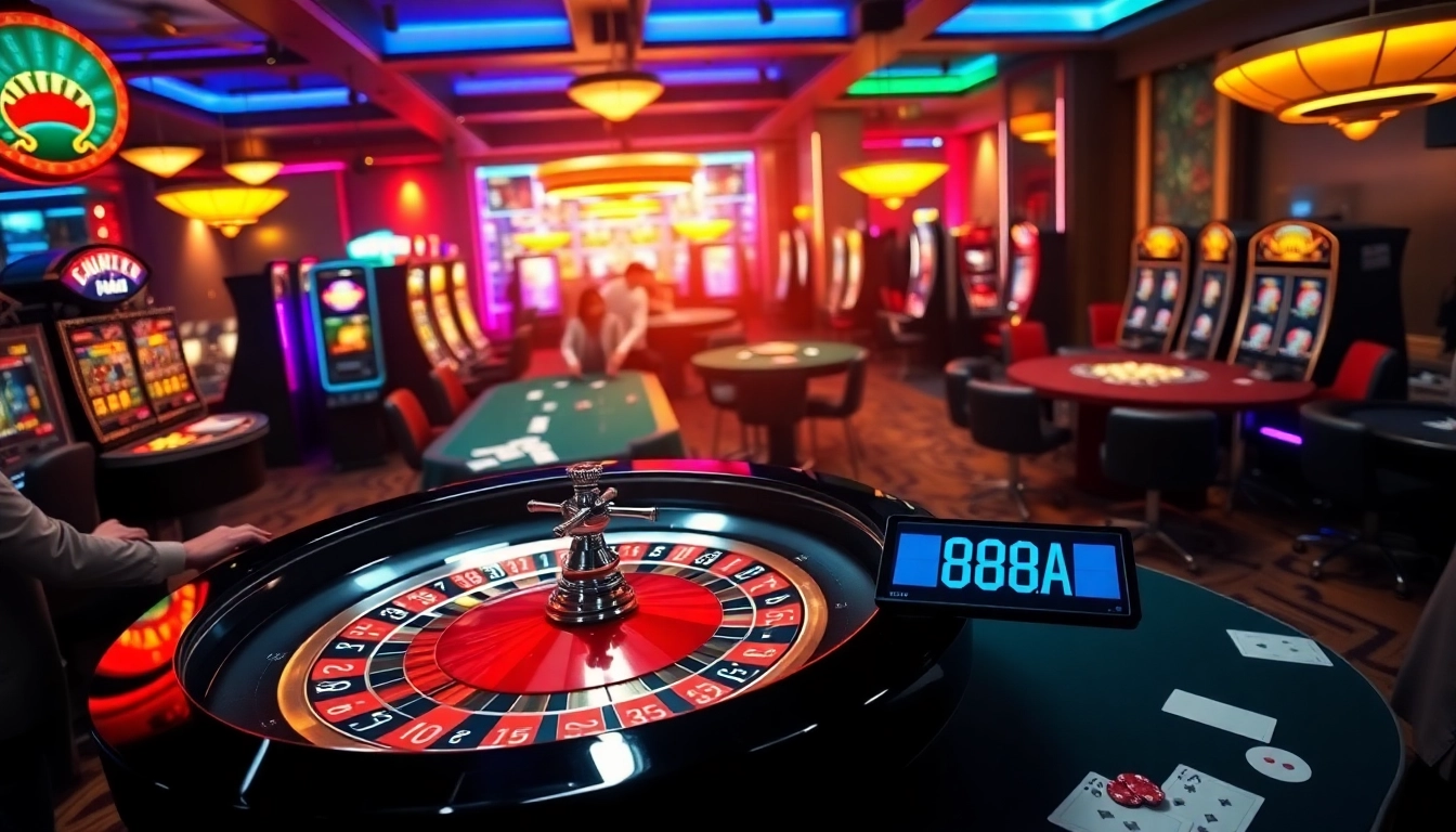 88AA casino scene featuring players engaging at roulette and poker tables with vibrant lights and chips.