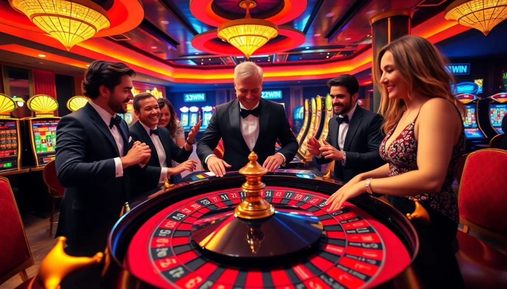 32WIN casino atmosphere showcasing joyful players betting at the roulette table.