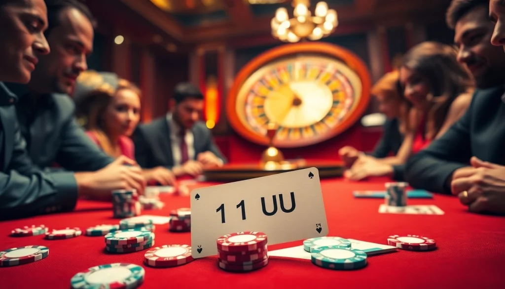 11UU poker chips stacked high on a luxurious poker table in a vibrant casino setting with players in focus.