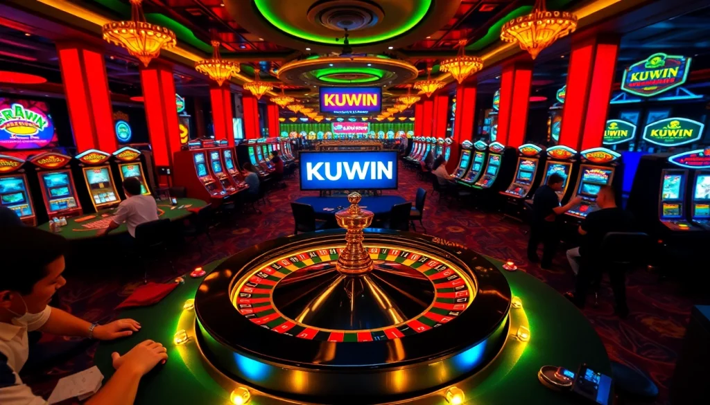 Dynamic casino scene featuring lively players and exciting gambling action at KUWIN tables and machines.