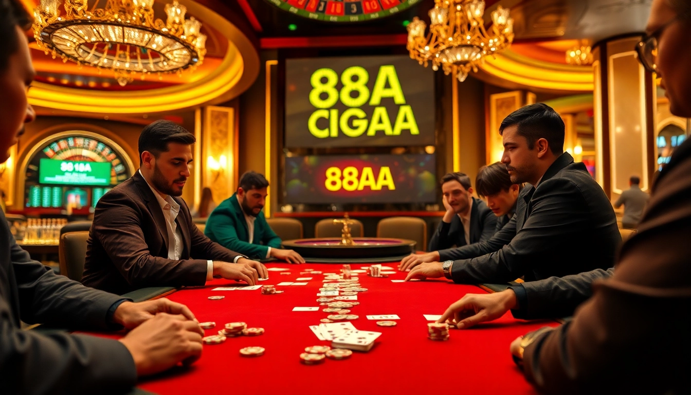 Players experience the thrill of high-stakes poker at an elegant casino featuring 88AA promotions.