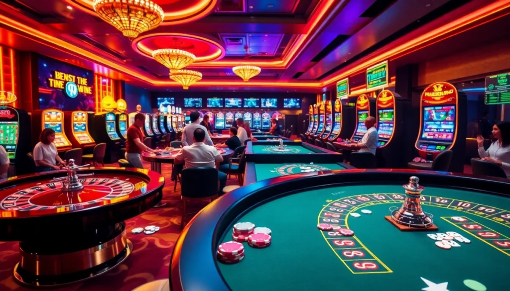 Experience the thrill of 88AA at a bustling casino, featuring vibrant slot machines and an exciting roulette table.