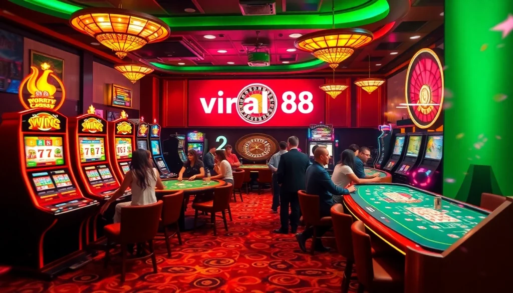 Experience the thrill of the casino with players celebrating wins at viral88, showcasing vibrant gaming tables and slot machines.
