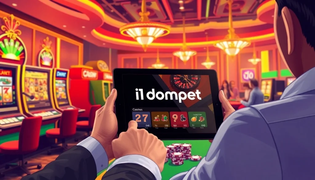 i1dompet online casino interface showcasing excitement in gaming activities at a vibrant casino table.