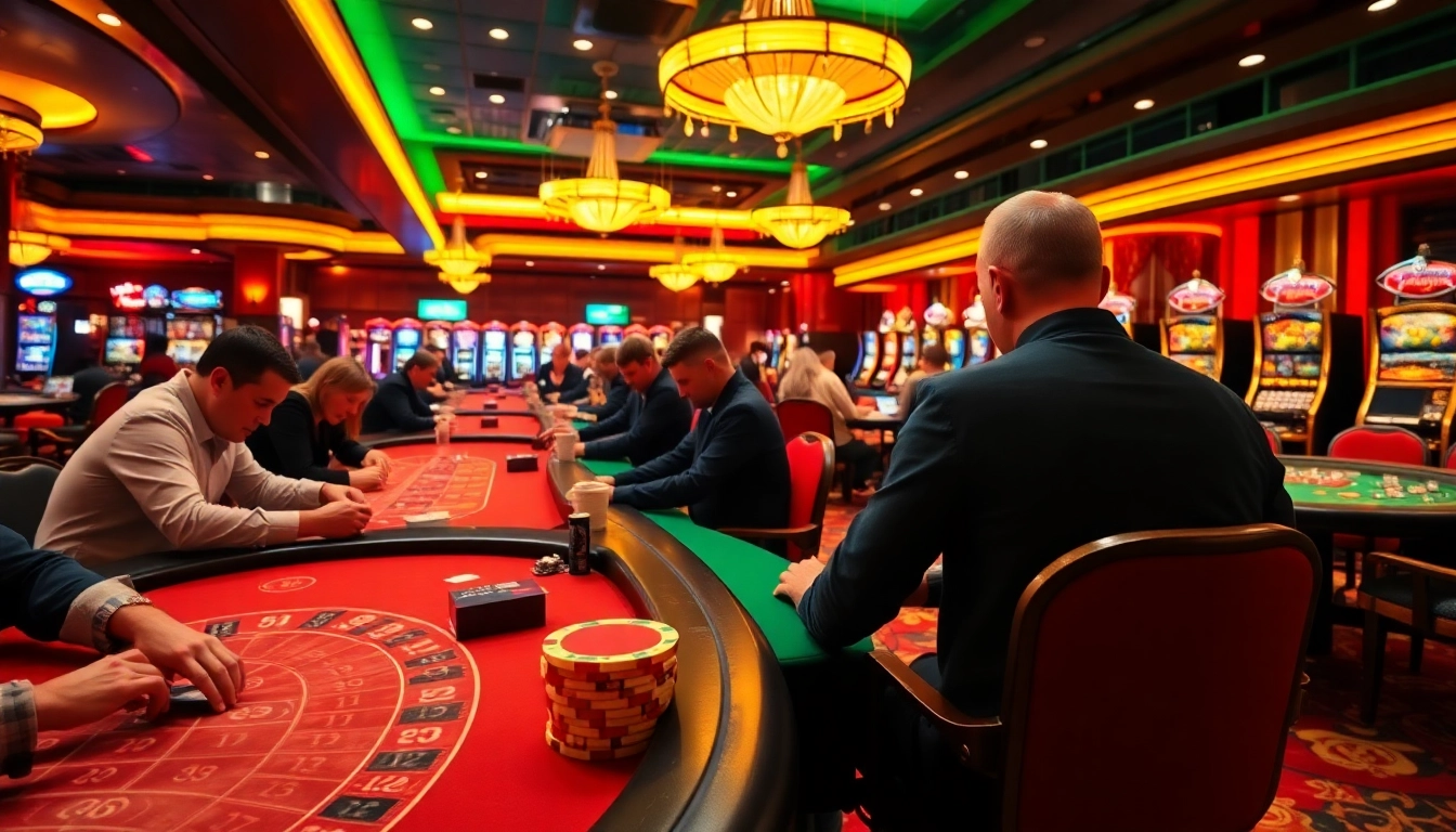 Players gambling with vibrant chips at tables, promoting excitement at topnfljerseyswholesale.com.