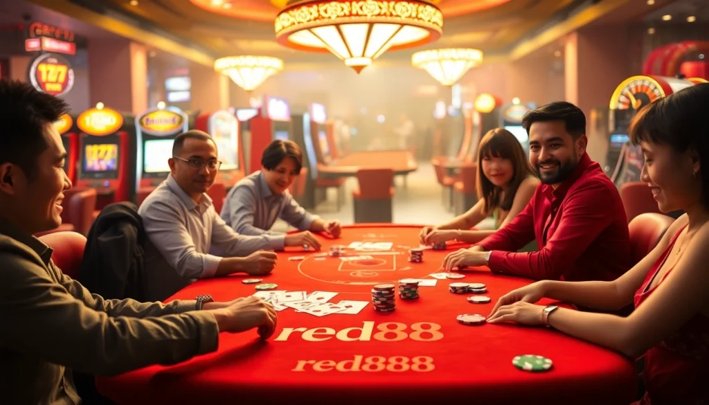 Engage in the excitement of poker at red88, featuring vibrant chips and cards in a lively casino atmosphere.