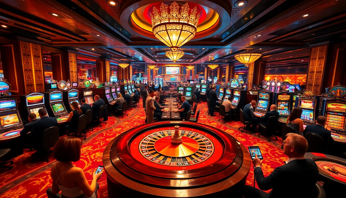 Dynamic casino scene with gaming excitement featuring https://ps99slot.com/ and vibrant slot machines.