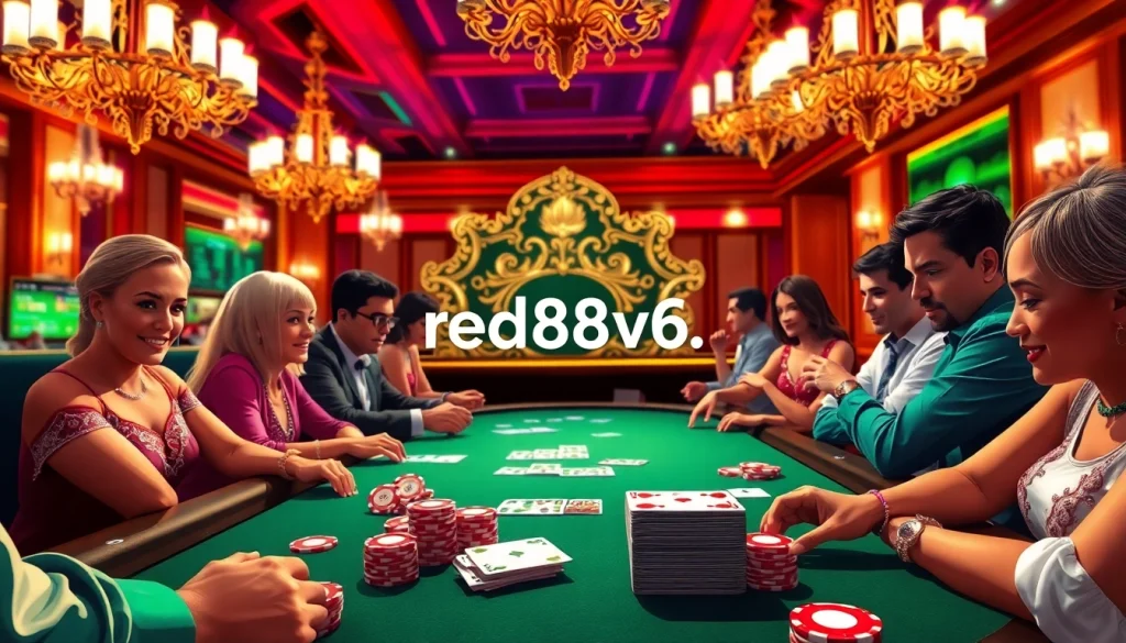 Players enjoying a poker game at the upscale casino https://red88v6.com/ surrounded by colorful chips and cards.