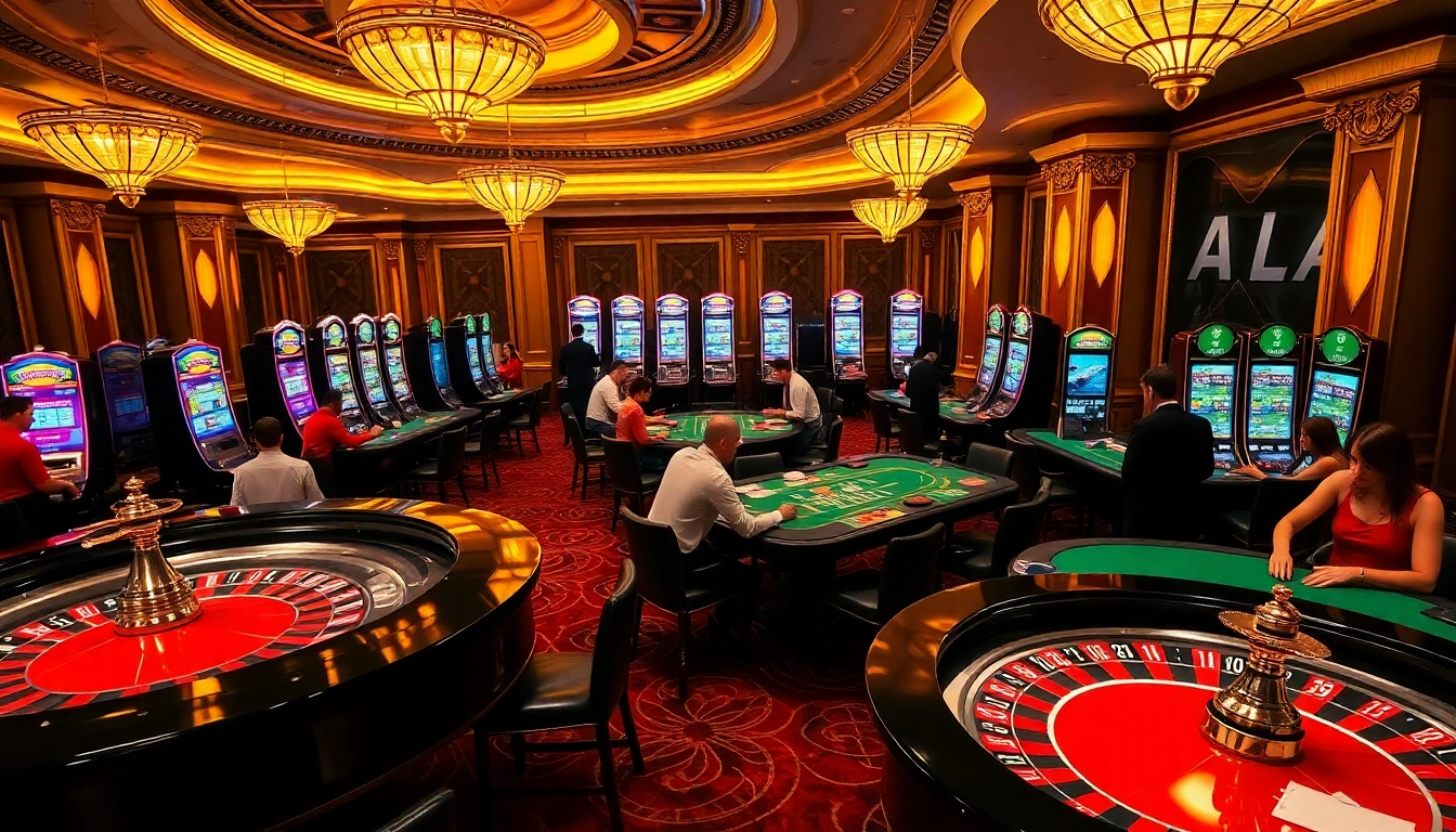 Experience lively casino action at red88 with players betting at poker tables and vibrant slot machines glowing.