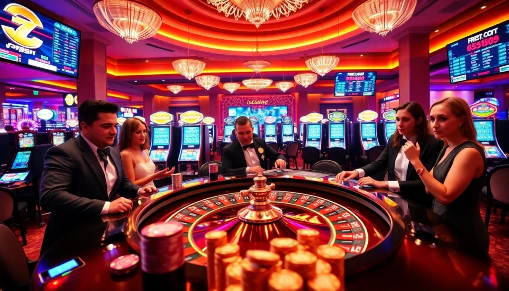 Experience the thrill of red88 with players enjoying live roulette in a luxurious casino setting.