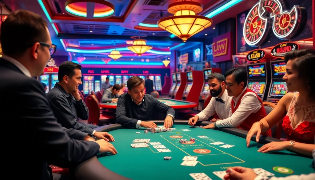 Players at red88 enjoying an exciting poker game with vibrant casino elements.