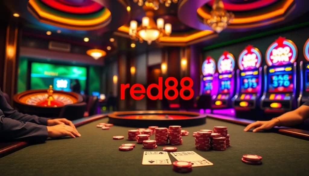 Experience the thrill of red88 at a bustling poker table with high-stakes action and vibrant casino vibes.