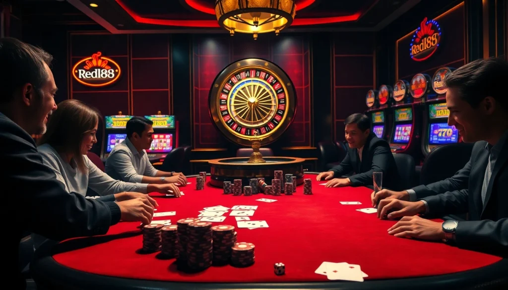 Experience high-stakes excitement at red88 with players enjoying a thrilling poker game and vibrant roulette action.
