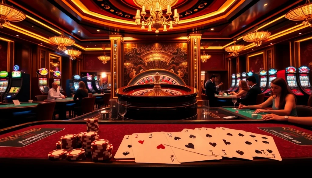 Explore the excitement of gambling at https://red88v6.com/, showcasing a vibrant casino with players at the roulette wheel.