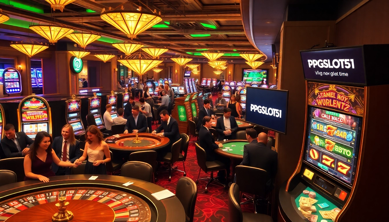 Experience PGSLOT51's energetic vibe through players enjoying various casino games like roulette and slots.