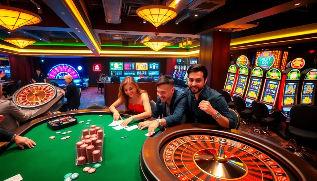 Experience the thrill of gaming at red88 with players engaged in poker, roulette, and vibrant slot machines.