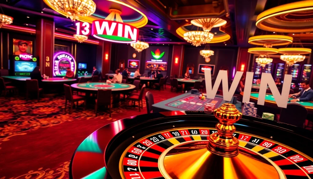 Experience the thrill of 13 WIN at a bustling casino with players around exciting roulette tables and vibrant games.