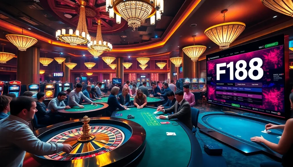 F168 offers thrilling gambling experiences with casino tables, roulette wheels, and excited players enjoying their bets.