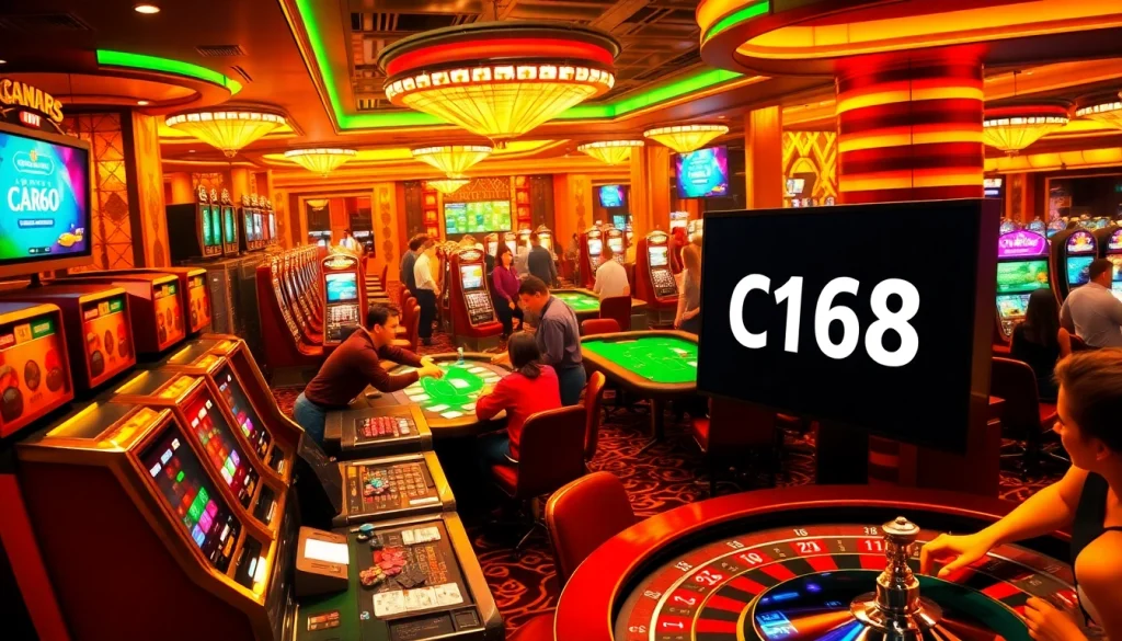 C168 Casino scene showcasing players enjoying poker and roulette surrounded by vibrant slot machines.
