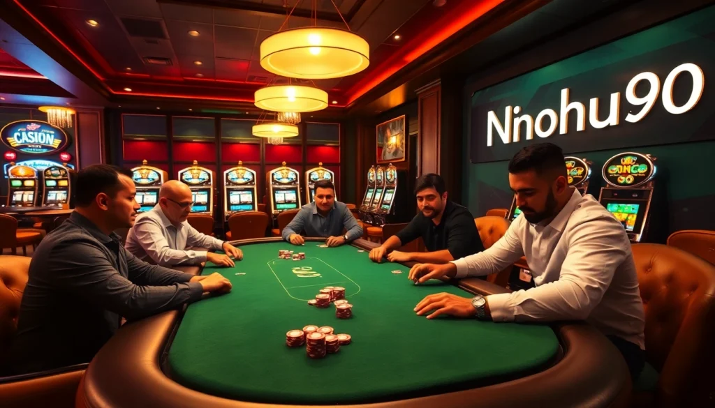 Nohu90 showcases a thrilling poker game with strategic players and illuminated casino ambiance.