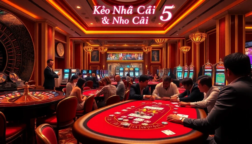 Experience the thrill of Kèo Nhà Cái 5 at our vibrant casino featuring poker, roulette, and slot machines in action.