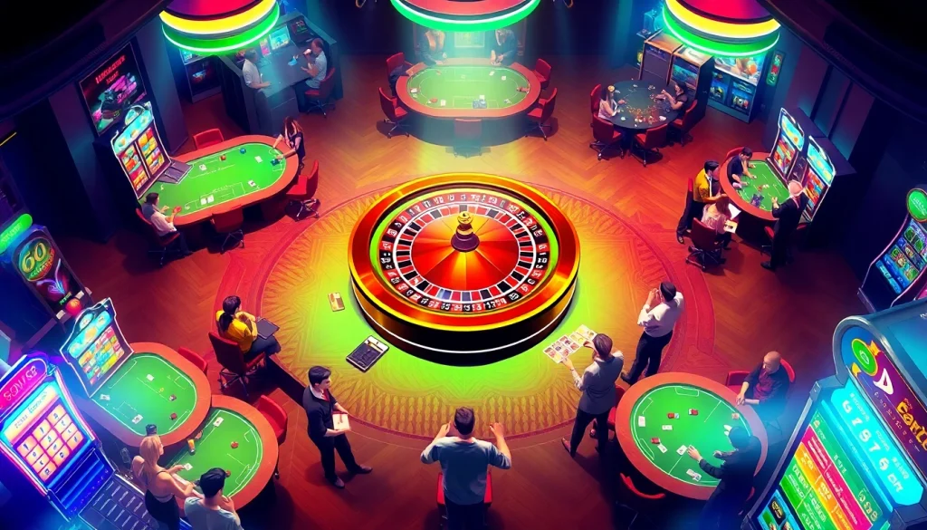 Go88 casino atmosphere featuring players at vibrant poker and blackjack tables.