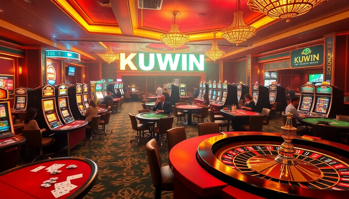 In an exhilarating casino scene, players enjoy a round of poker while the KUWIN logo illuminates the vibrant atmosphere.