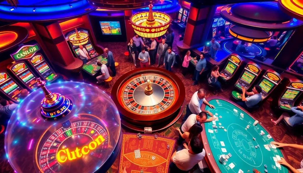 HITCLUB casino scene with players excitedly gaming at roulette, blackjack, and slot machines.